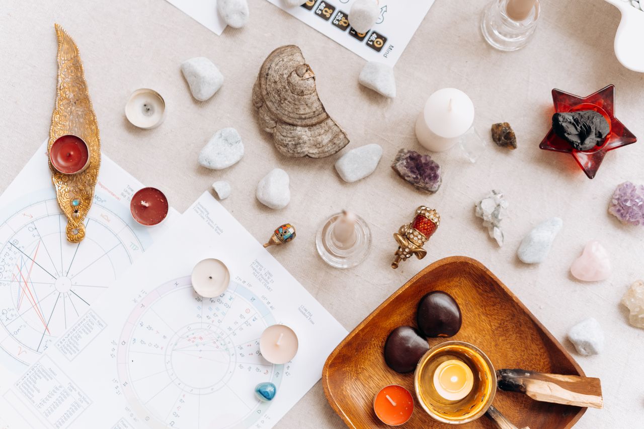 Services Flat lay of spiritual items including candles, crystals, and astrology charts for meditation.